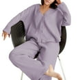 thumbnail image 2 of Womens Cotton Gauze Loungewear Sets Casual Button Down V-Neck Long Sleeves Shirt and Wide Leg Pants Outfits Purple M, 2 of 7