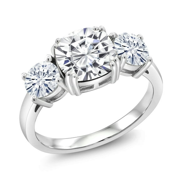 Gem Stone King 925 Sterling Silver Moissanite 3 Stone Engagement Ring for Women (2.70 Cttw, Gemstone, Cushion 8MM, Size 9)