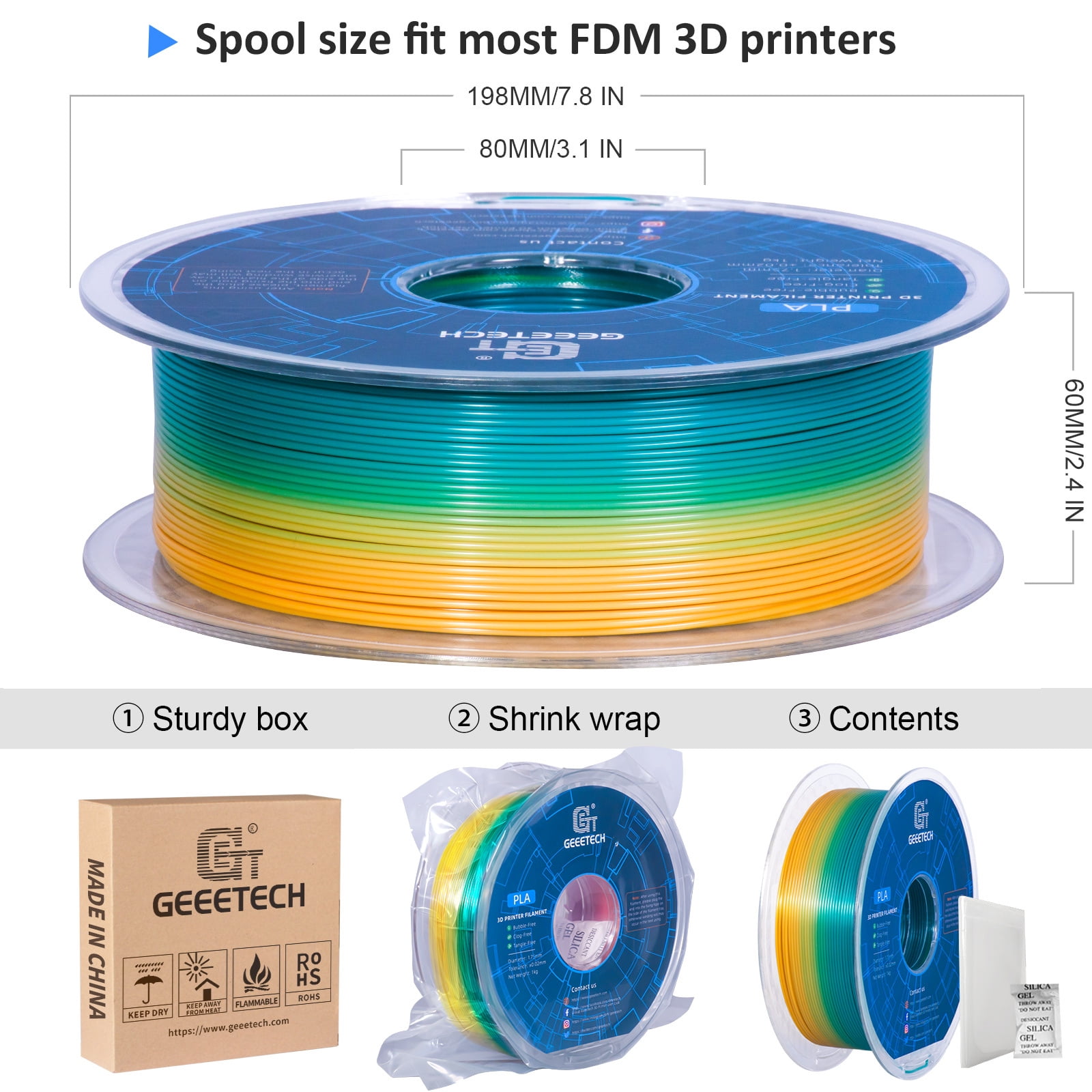 GEEETECH 3D Printer PLA Filament 1.75mm Gradient Color 10kg Spool (22lbs),Dimensional Accuracy +/- 0.03mm