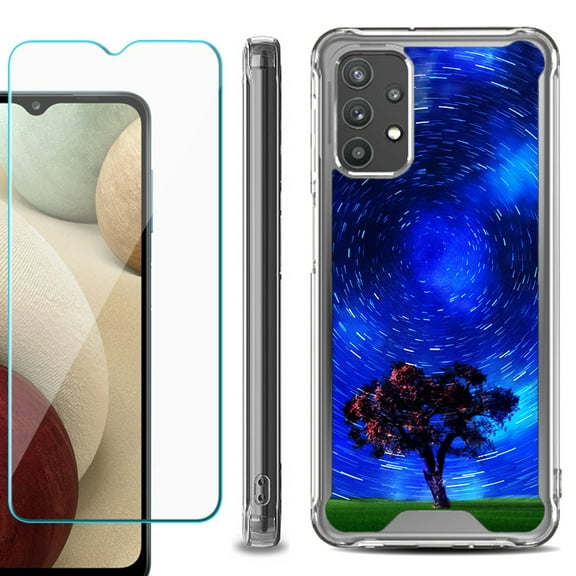 Shockproof Bumper Phone Case for Samsung Galaxy A32 5G, with Tempered Glass Screen Protector, by OneToughShield ® - Star Trails Tree