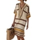 thumbnail image 1 of Vestido de Verano Casual Mujeres Lino V-Cuello Impreso a Rayas de la Mitad de la Manga Suelto Relajado Vacaciones Playa Tanque Capa Superior Midi, 1 of 8