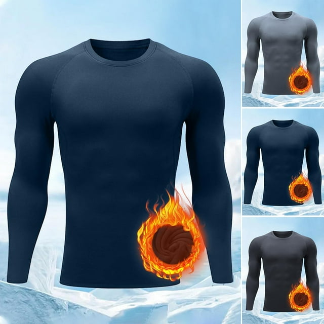 Xcmzpl Long Sleeve Workout Tops for Men Crew Neck Fleece Lined Raglan Shirts Warm Fall Thermal Pullover Muscle Solid Slim Fit Undershirts