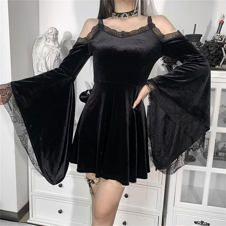 Gothic Women's Black Square Neck Mini Dress with Bell Sleeves
