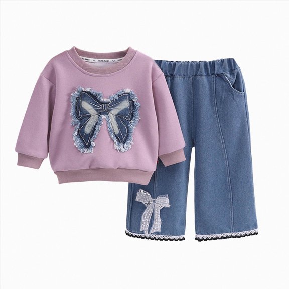 mgoYE Toddler Baby Girl Clothes Fall Winter Outfit Bow Sweatshirt Denim Jeans Outfits 4-5 Years