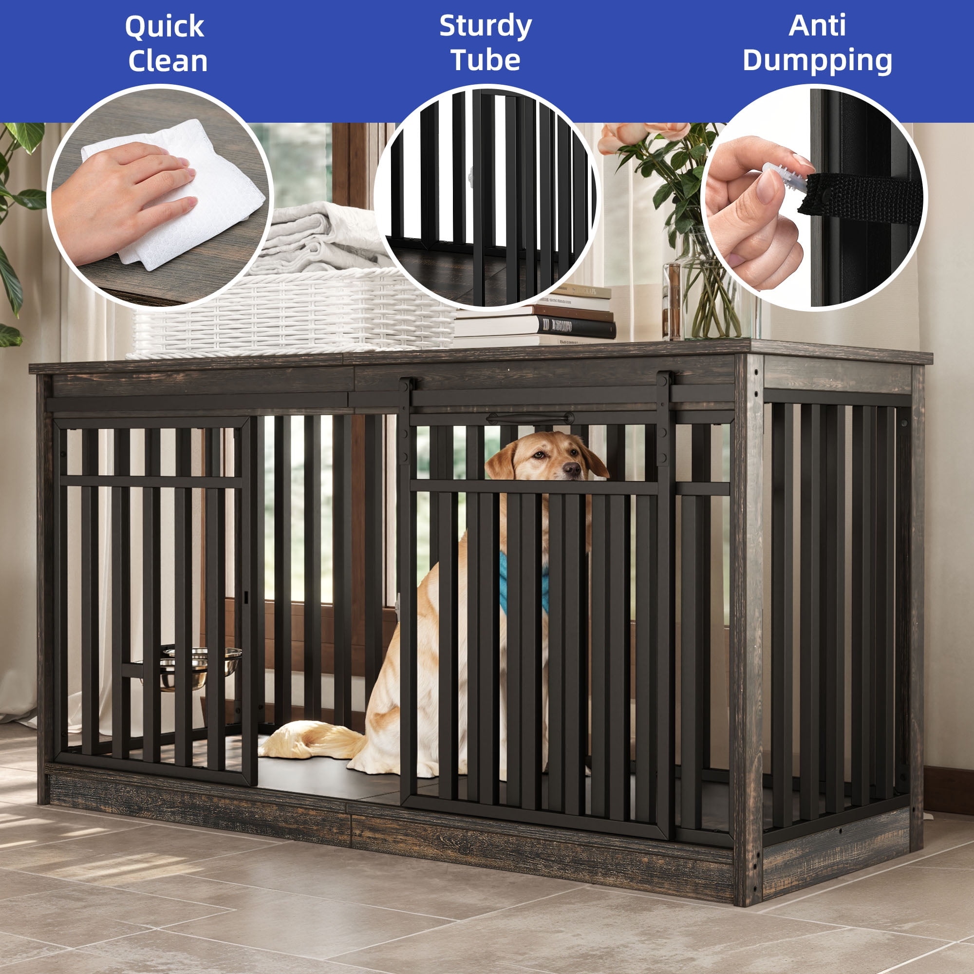 ModFusion 55" Extra-Large Pet Crate with Sliding Doors, Retro Wood & Iron Frame, Anti-Tip Design – Stylish Dog Cage for Living Room & Bedroom Use