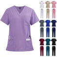 thumbnail image 2 of Two-Piece Solid Color Scrub Set - Short Sleeve with Pockets, Micro Elastic Polyester Fabric, Drawstring Pants - Medical & Health Care Uniform for Women, Casual Wear for All Seasons, 2 of 11