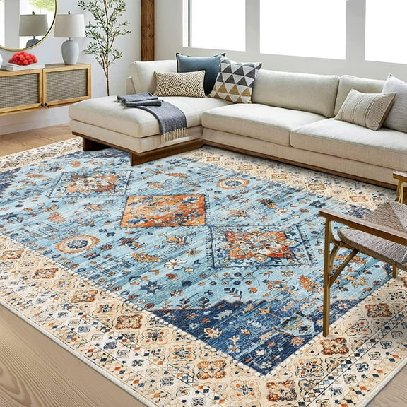 CAROMIO Area Rug Washable Rug Modern Bordered Area Rug for Living Room Contemporary Bedroom Rug Low Pile Anti-Slip Backing Indoor Carpet, 8' x 10' Blue