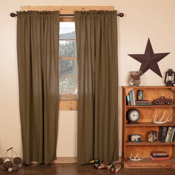 VHC Brands Tea Cabin Rustic 84"x40" Green Plaid Panel Pair Rod Pocket Cotton Tie Back(s) Window Curtains