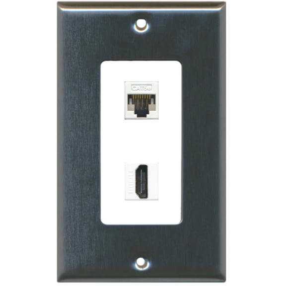 RiteAV - 1 Cat5e Ethernet and 1 HDMI Decorative Wall Plate - Stainless Steel/White - Bracket Included