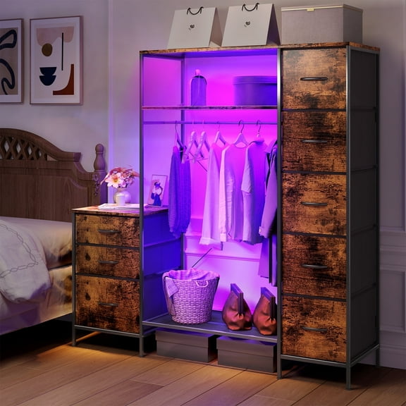 Puredashio 57" Clothes Rack with 8 Drawers,  Freestanding Coat Rack, Garment Rack with LED Light, Retro - style Nightstand, Brown
