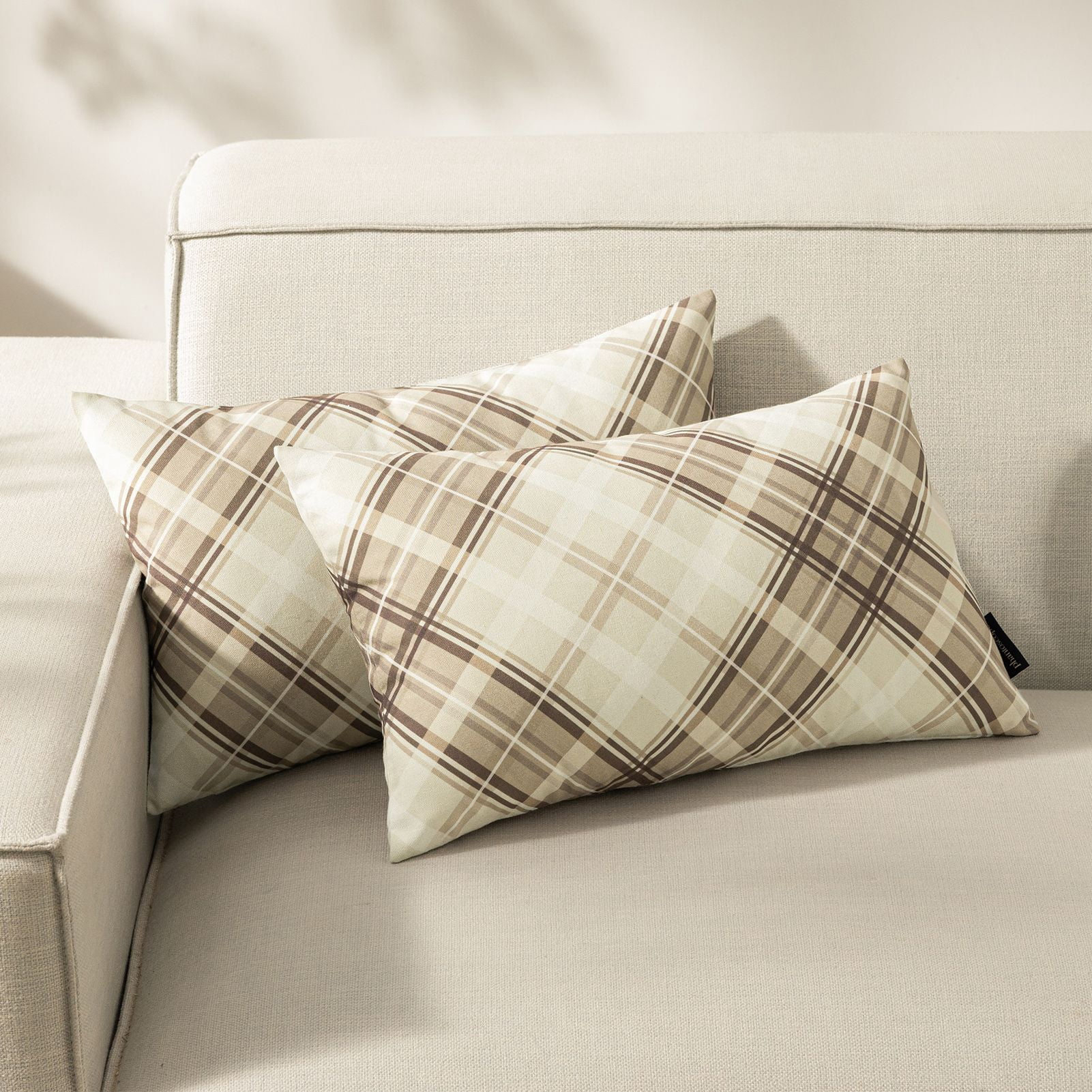 Phantoscope Buffalo Plaid Decorative Throw Pillows with Inserts, Double-Sided Printed Checkered Design, 12 x 20 in, Beige, 2 Pack