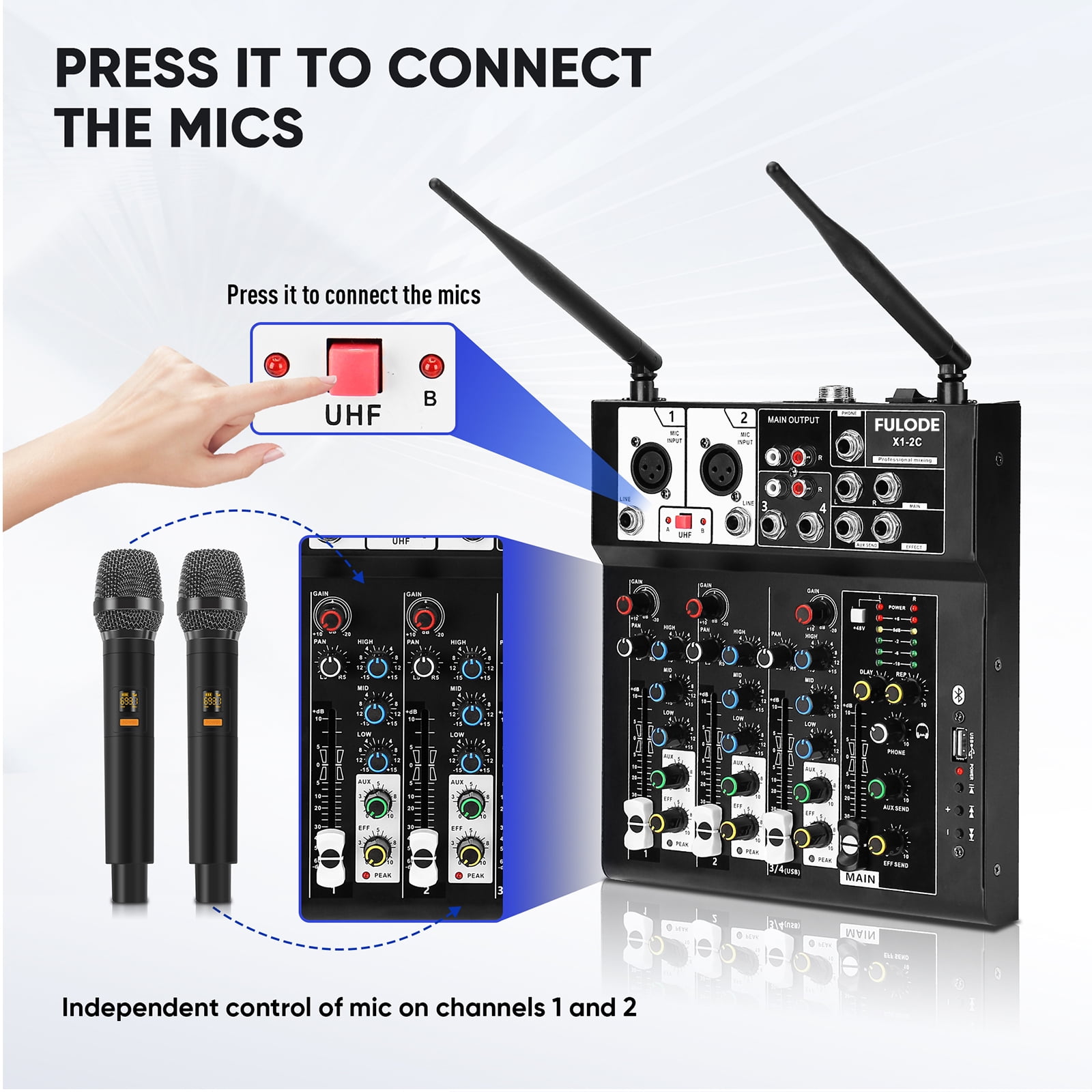 FULODE 4 Channel Audio Mixer, Karaoke Mixer with Dual Wireless Microphones, Professional Sound Board DJ Mixing Console MP3 Bluetooth 48V Phantom Power USB Interface for PC Studio Recording Party