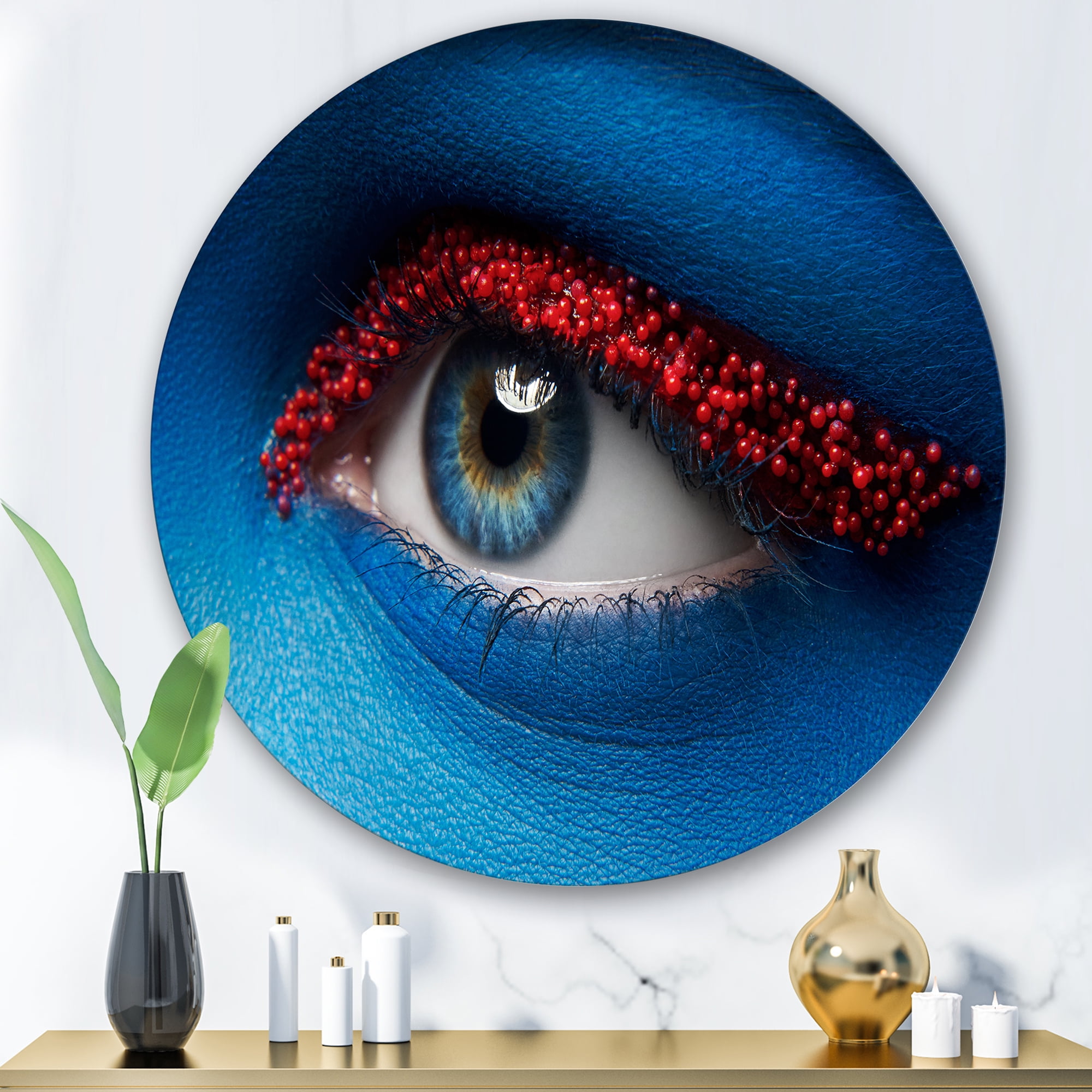 Designart 'Woman Eye With Blue Paint On Face & Red Balls' Modern Circle Metal Wall Art 36x36 - Disc of 36