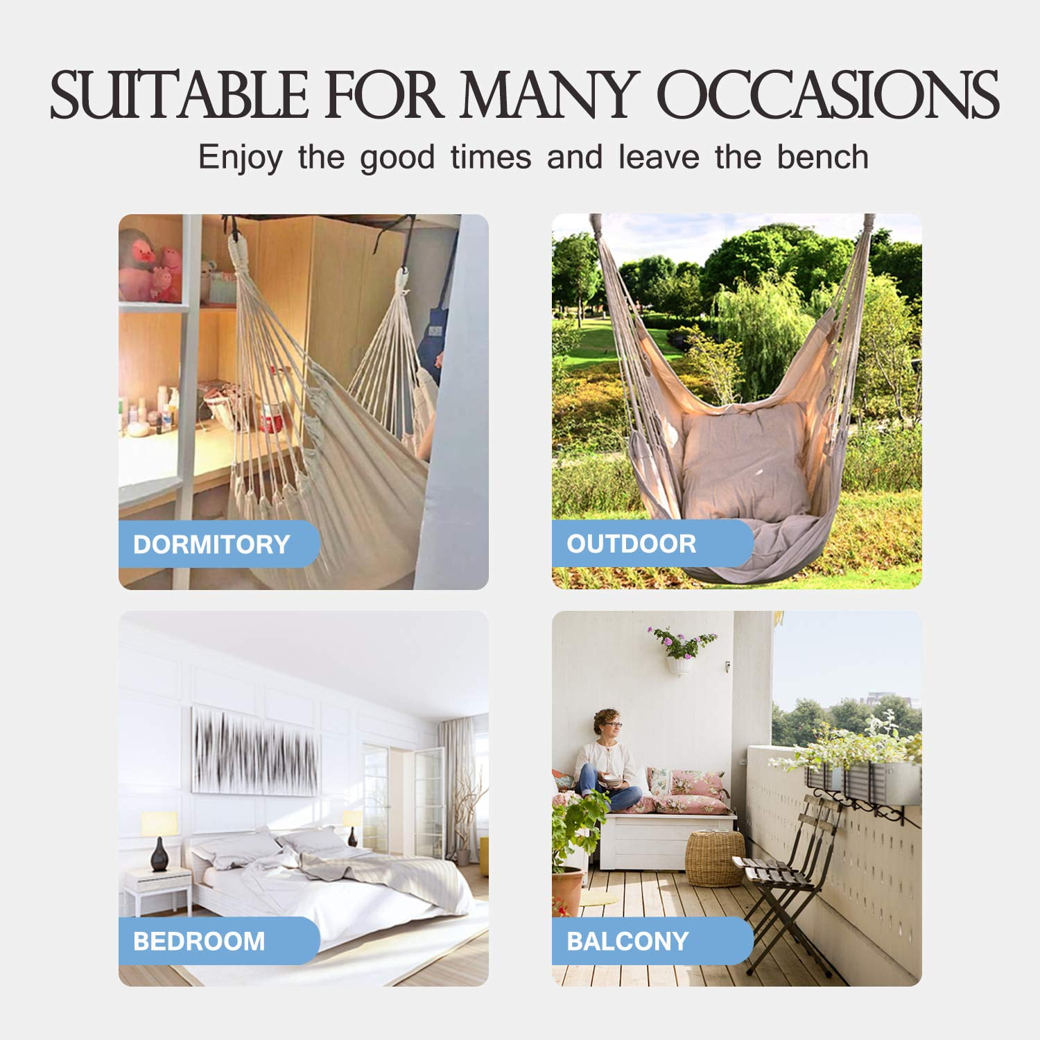 DONAMA Hammock Chair Hanging Rope Swing 330lbs Capacity 51"x39" Canvas for Indoor Outdoor Use Beige