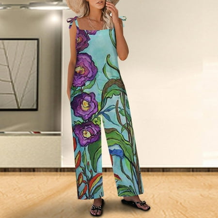 

Jumpsuits for Women Summer Dressy Womens Trendy Casual Sleeveless Strap Loose Adjustable Jumpsuits Stretchy Long Pants Romper with Pockets