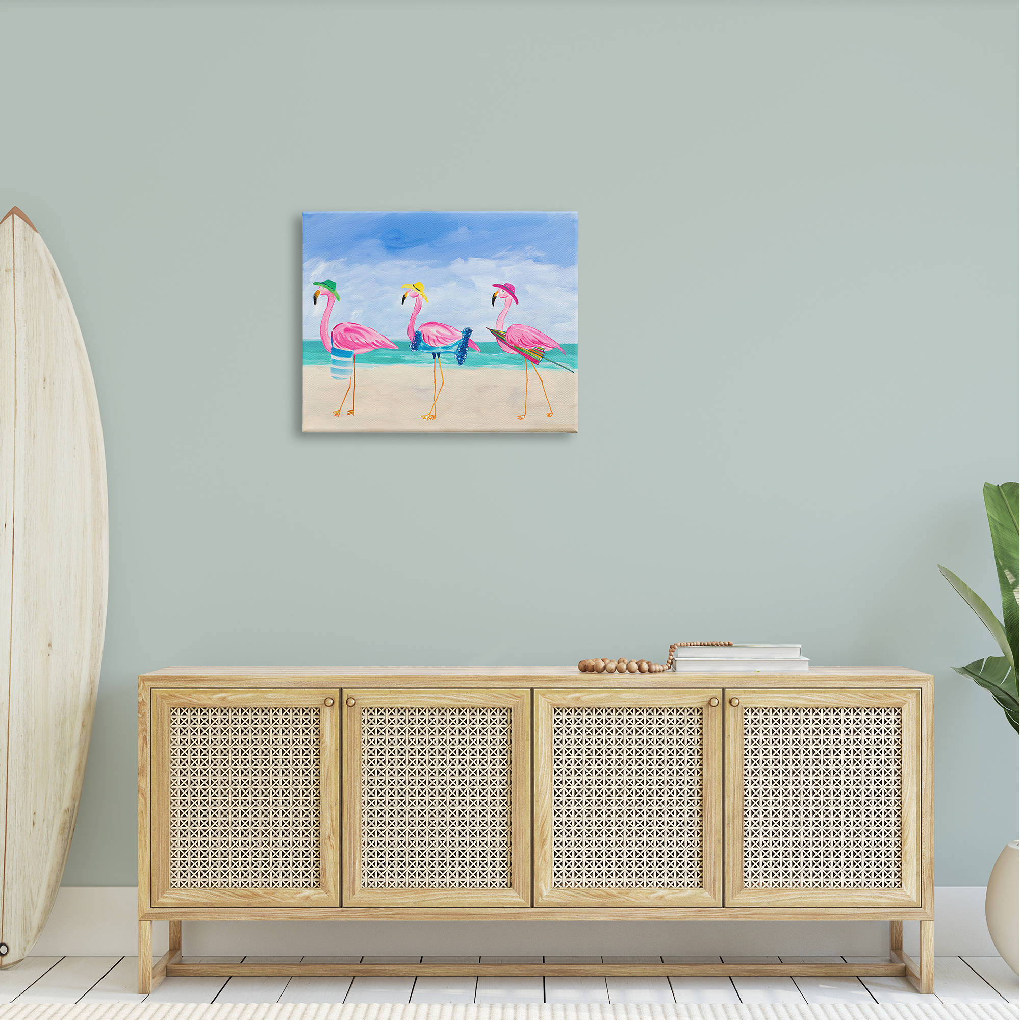 Stupell Industries Cute Pink Flamingos Beach Attire Strolling Coast Illustration Coastal Painting Gallery-Wrapped Canvas Print Wall Art, 30 x 24, Design by Julie Derice