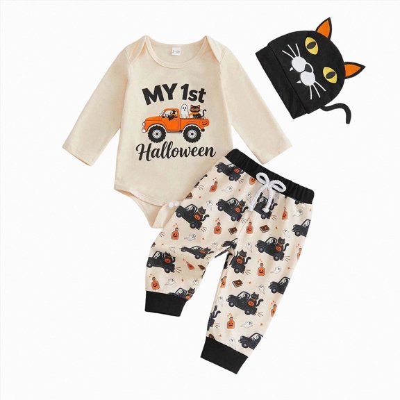 Xudanell My First Halloween Baby Boy Outfit | Newborn Long Sleeve Romper Pants Hat Baby Pumpkin Clothes Fall Winter Clothes(Beige, 6-9 Months)