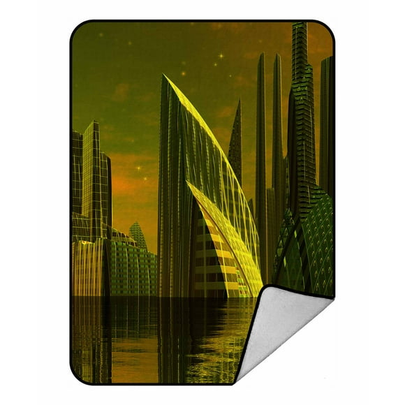 YUSDECOR Modern Alien City Computer Artwork Blanket Crystal Velvet Throw Bed Blanket 58x80 inches