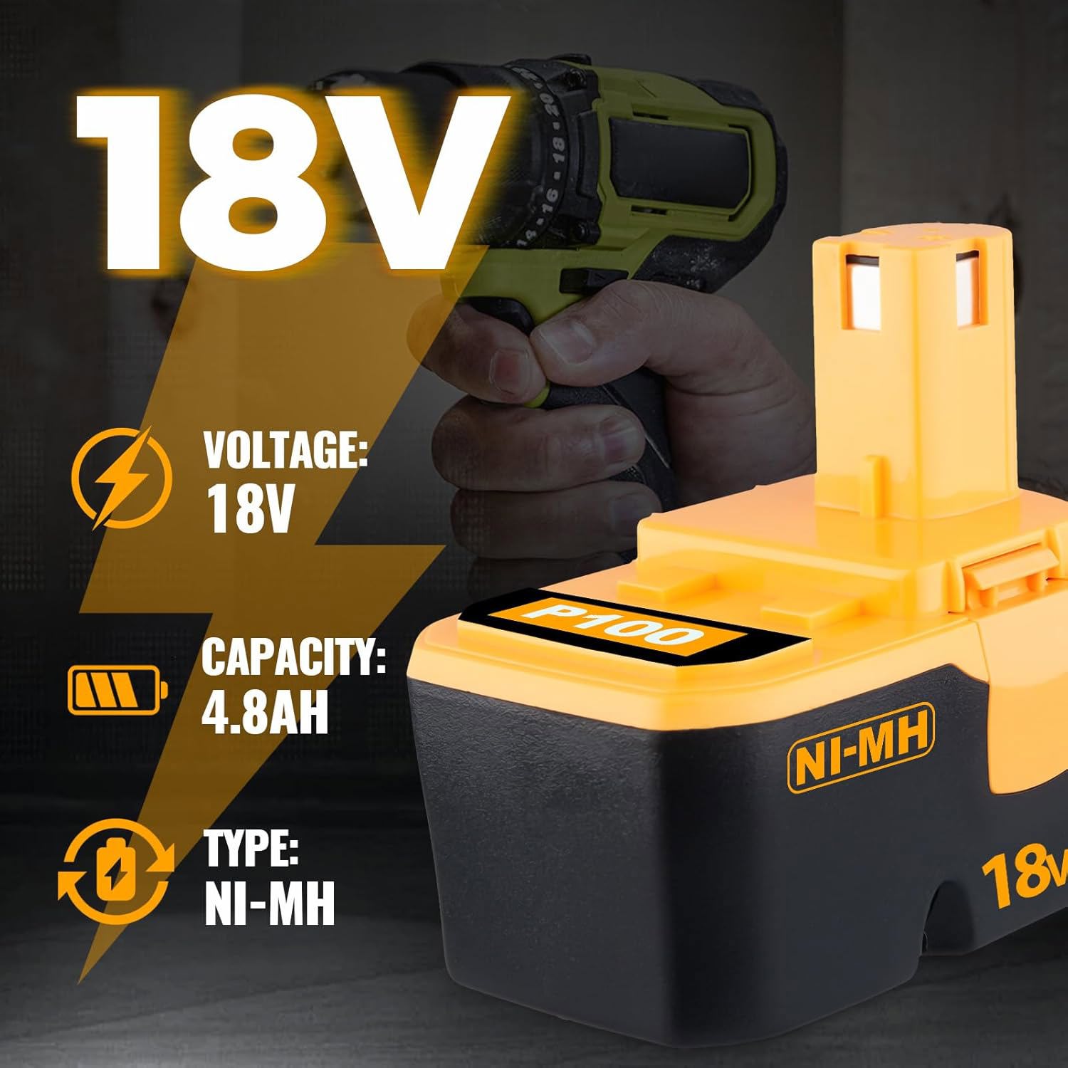 2Packs 4800mAh P100 Battery Replacement for Ryobi 18V Battery NI-MH P101 ABP1803 BPP1820 1322401 1400672 13022 Battery