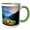 Green/White, variant on 3drose, Orange Tent by the Mountain Lake Early in the Morning. Happy Camper, 11oz Two-tone Green Mug