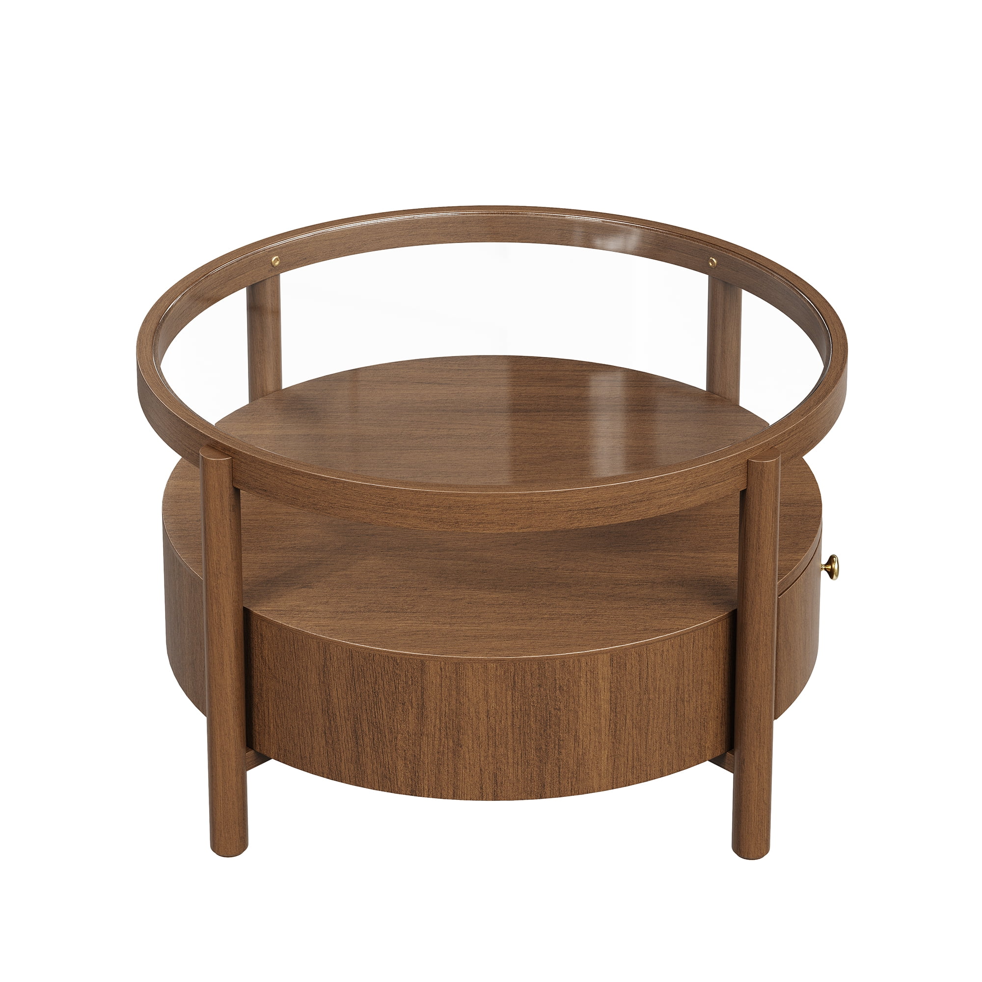 29.5-Inch Round Glass Top Coffee Table with Storage Drawer and 2-Tier Design, Mid-Century Modern Center Table and Cocktail Table for Living Room, Walnut