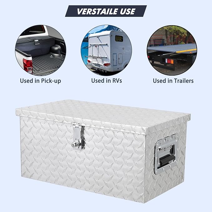 20 Inch Aluminum Diamond Plate Tool Box With Lock and Keys, Heavy Duty Waterproof Truck Storage Organizer Chest for Pick Up Truck Bed, Rv Trailer/Van With Side Handle