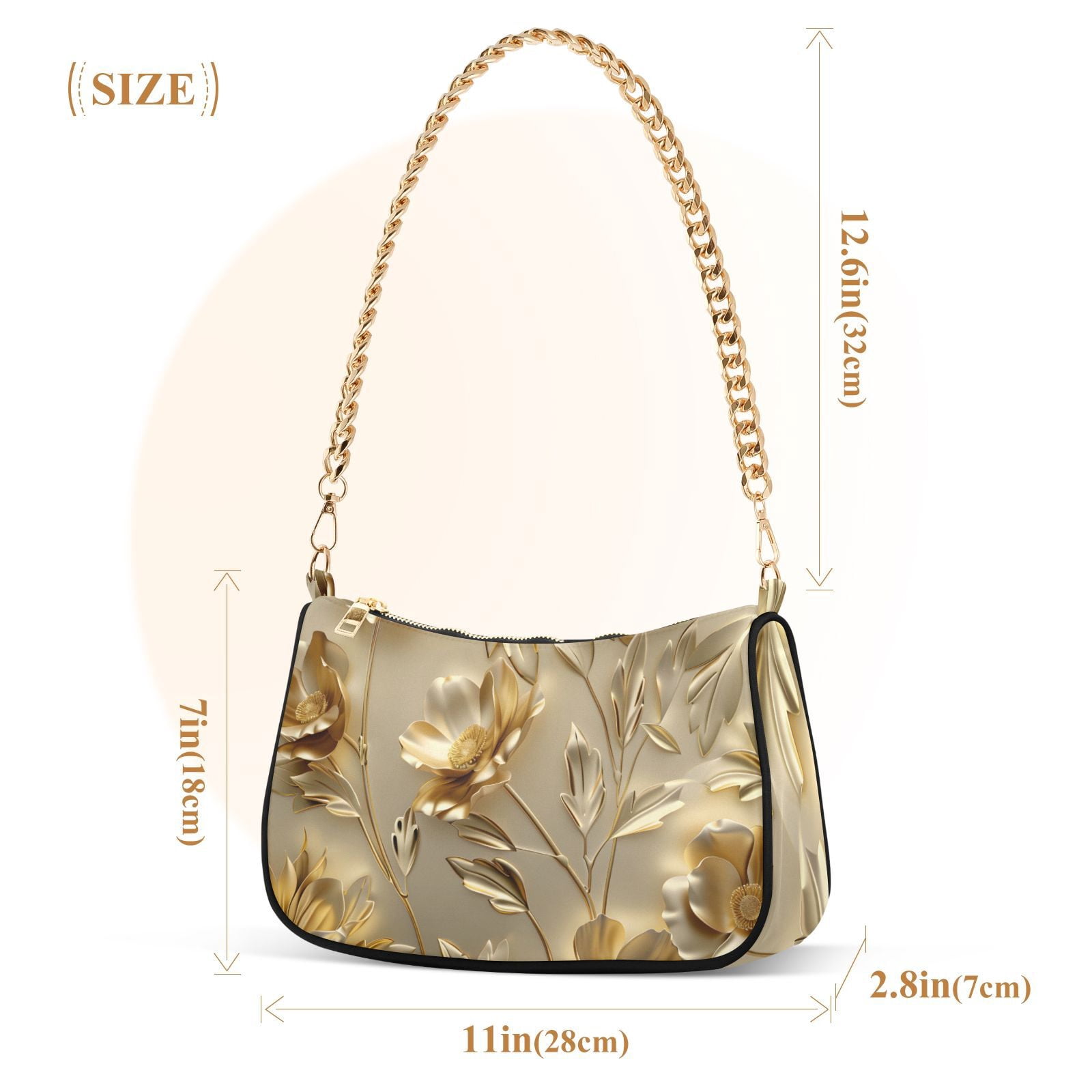 Gold Flowers and LeavesWomen Small Shoulder Bag Crossbody Tote Hobo Bags Purse Clutch Handbags with Chain Strap for Women