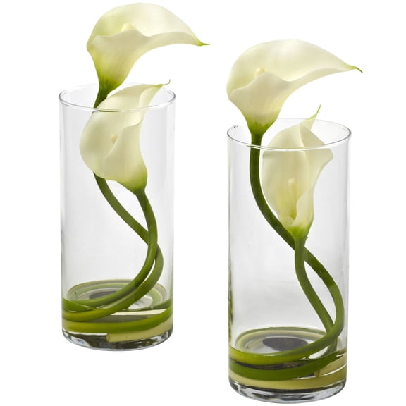 Nearly Natural Double Calla Lily Artificial Flowers with Cylinder, Off-White, Set of 2