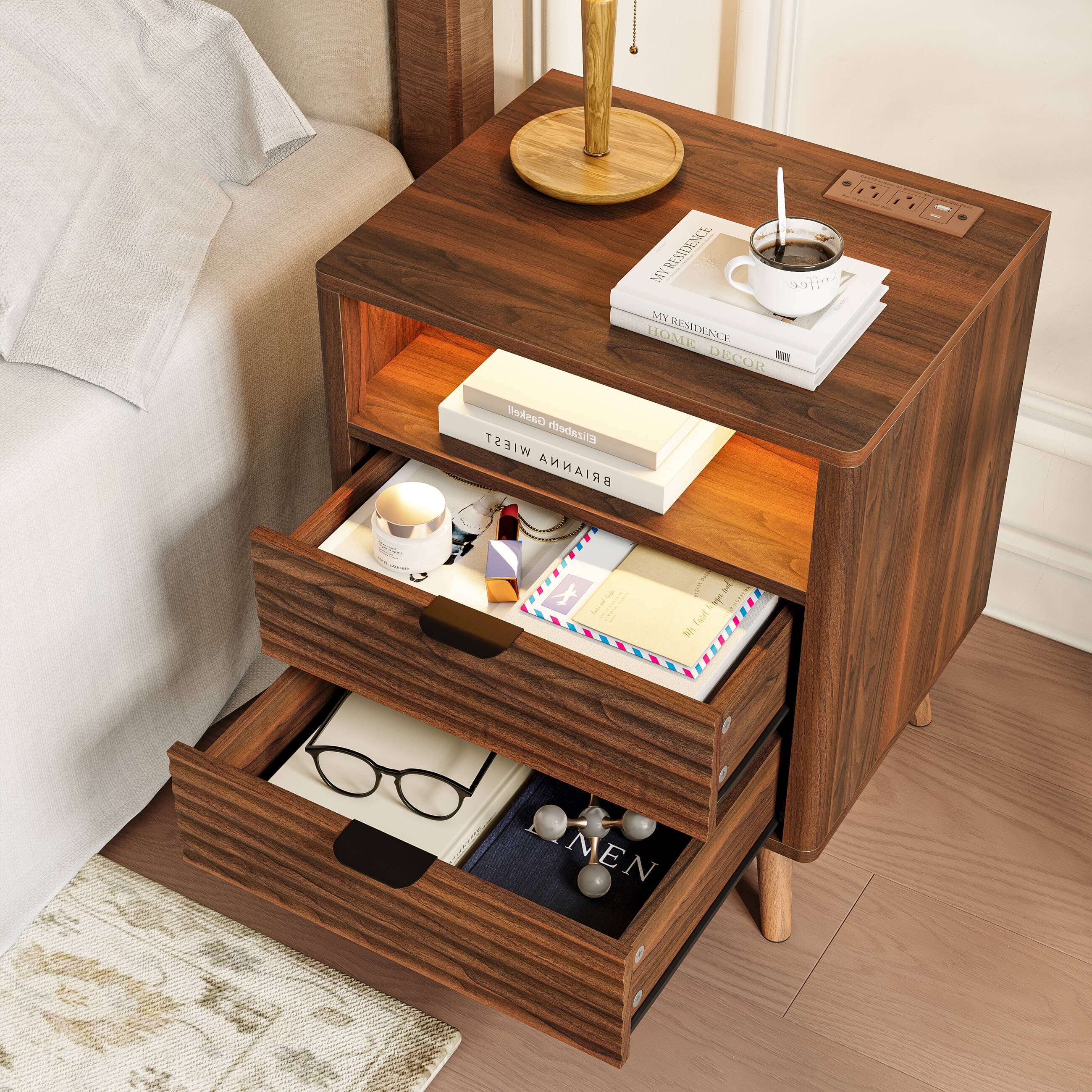 GUNAITO Fluted Nightstand Set of 2 for Bedroom with Charging Station Bedside Table with LED Light Wood Nightstand with Open Shelf and 2 Drawers Walnut