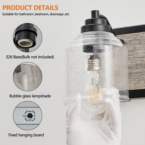 ACE-LIGHTS,3-Light Farmhouse Vanity Light Fixture,Bathroom Wall Sconce(Bulb Not Included) with Clear Seeded Glass Shades,Modern Industrial Design for Bathroom,Bedroom,Entrance,Passage(Black)