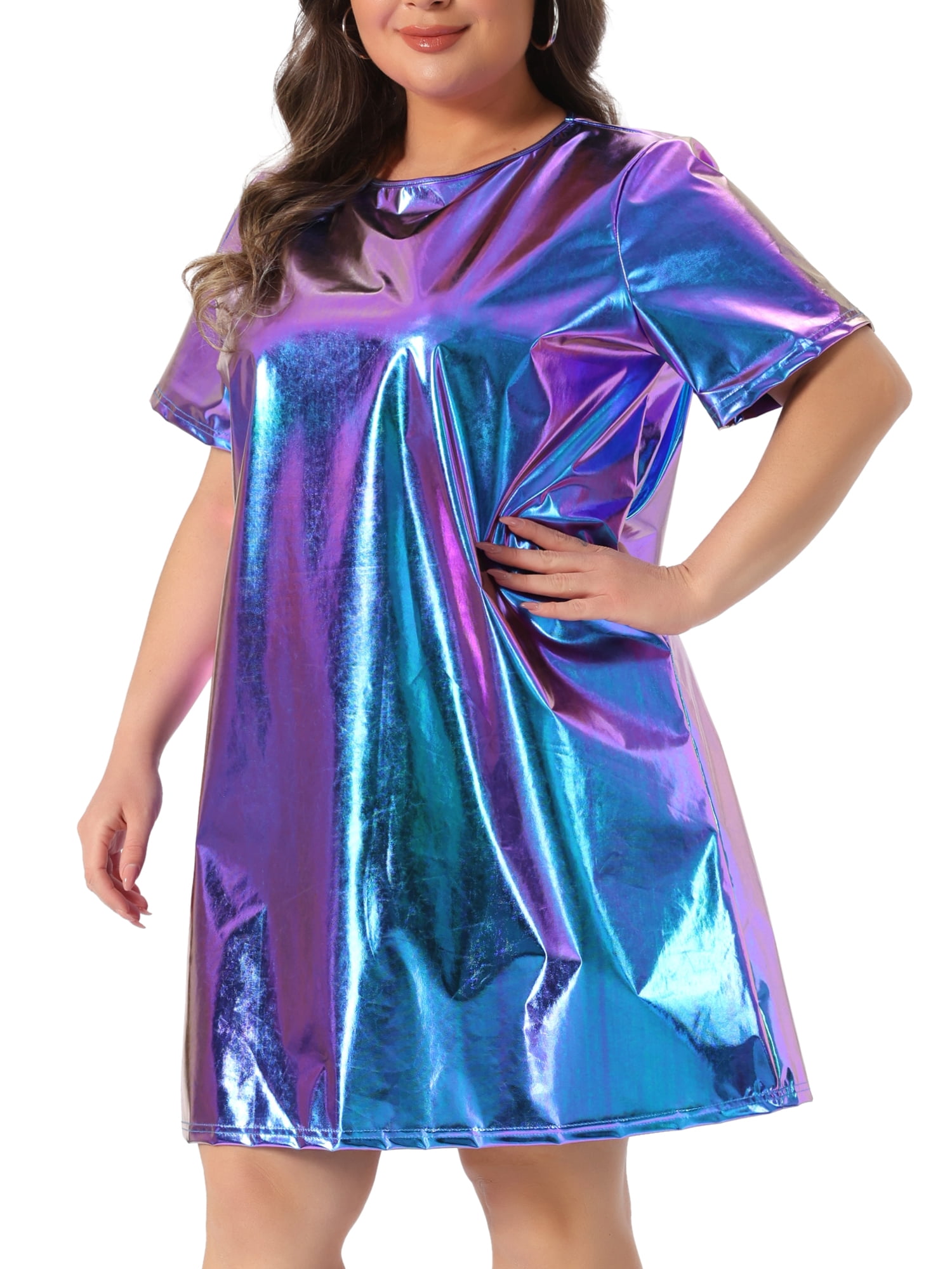 DARING DIVA Women's Plus Size Metallic Round Neck Mini Dress 4X Multicolor Green