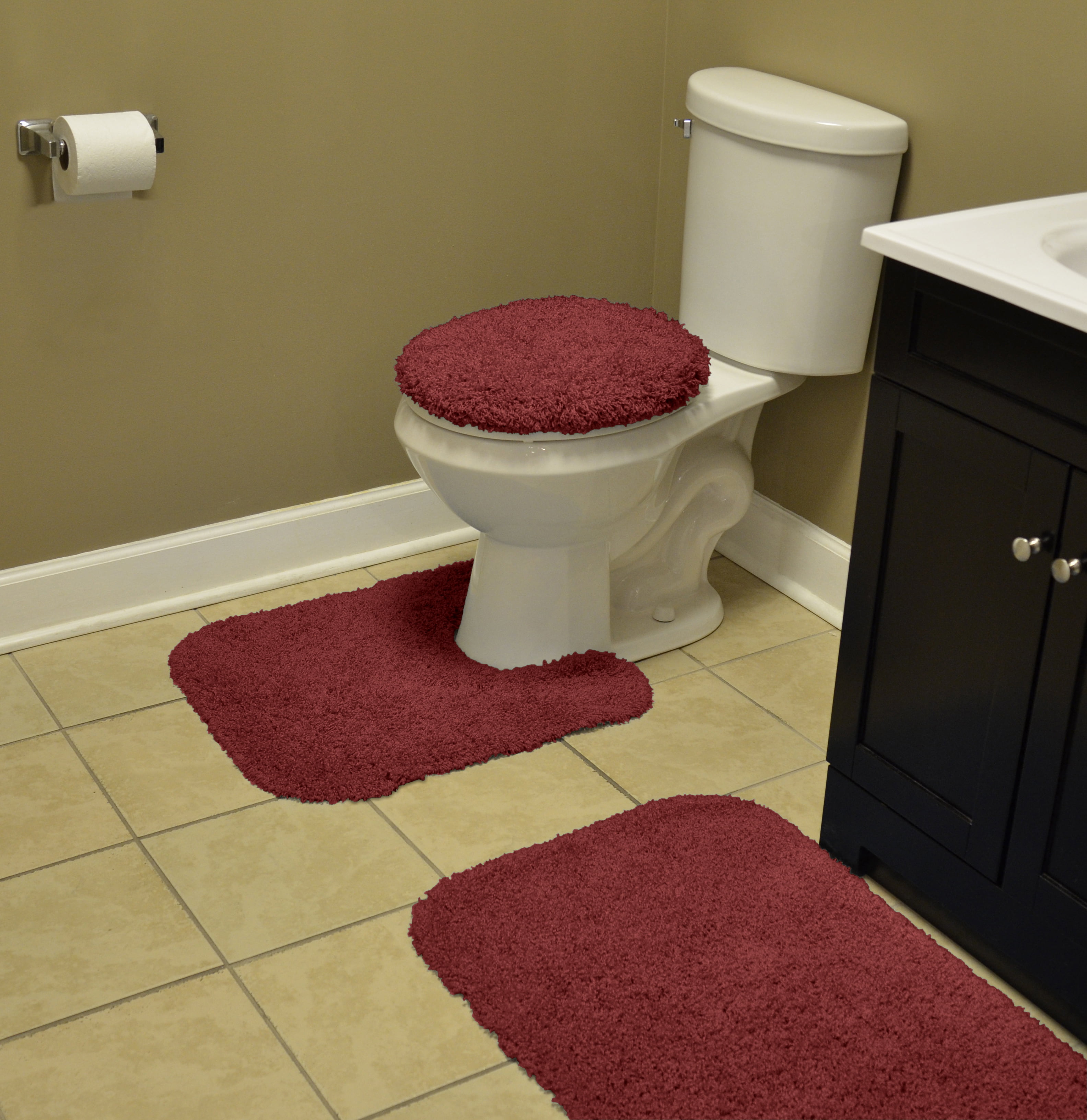 Garland Rug Jazz Washable Bath Rug Set, 3 Piece Set (21"x34" Bath Rug, Contour Rug, & Toilet Lid) Chili Pepper Red