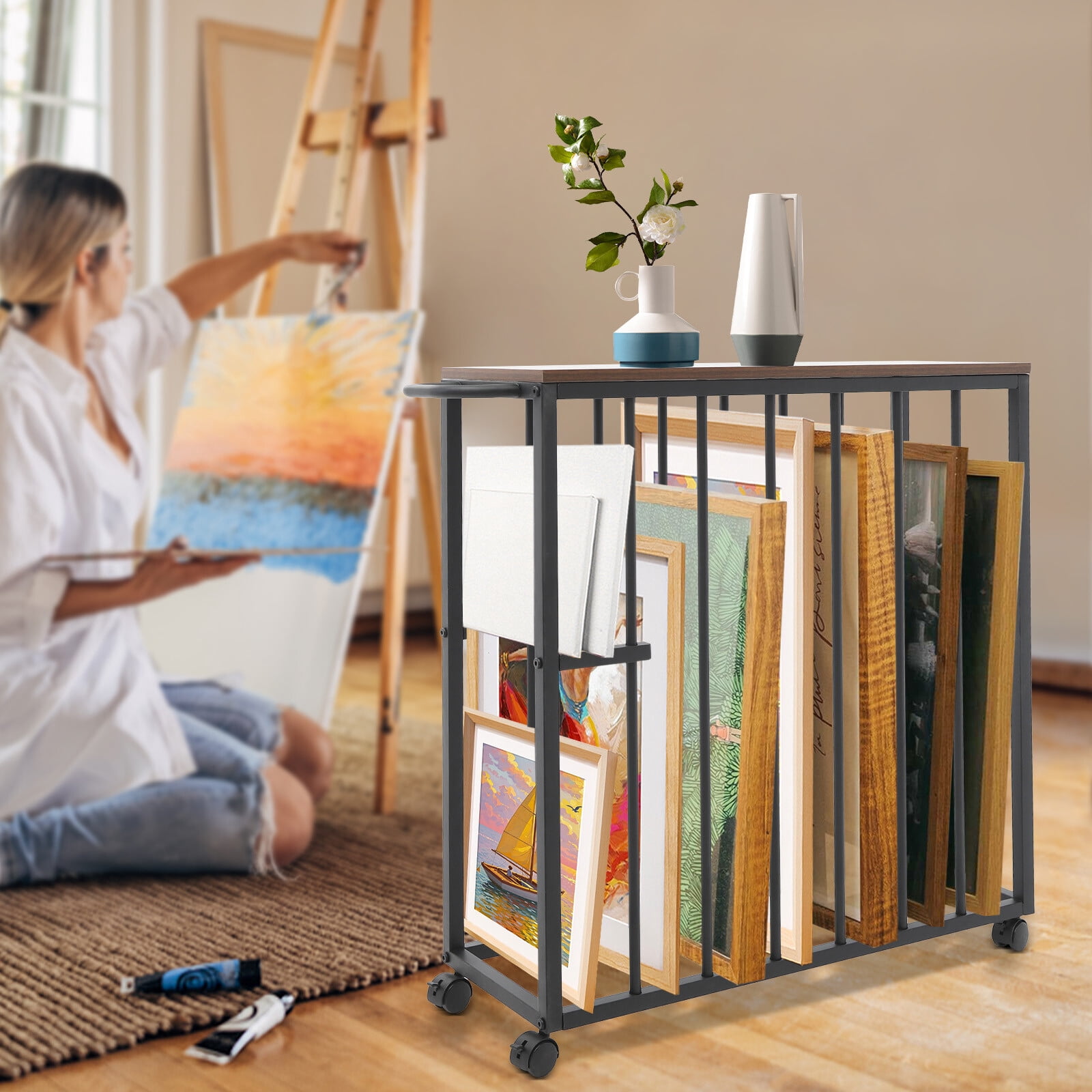 Black Painting Drying Rack Art Storage Rack Art Easel Display Stand w/ 4 Universal Wheels