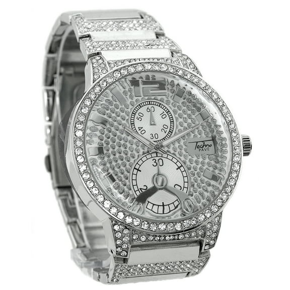 Men’s Silver-Tone CZ Business Clubbing Watch – 48mm Bling Dial, Metal Link Bracelet