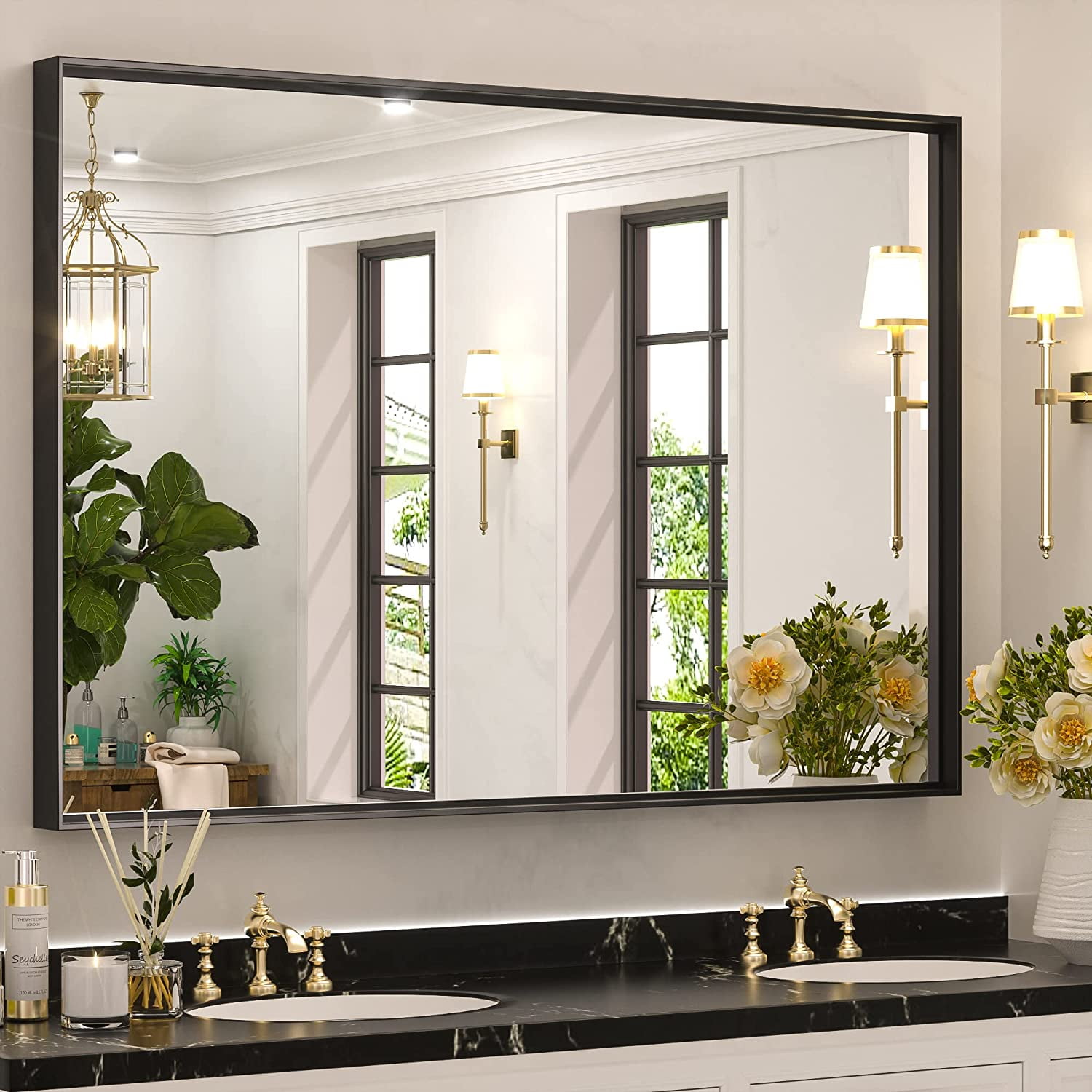 Keonjinn 40 x 30 inch Black Framed Vanity Mirror, Rectangular Wall
