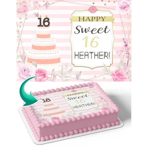 Happy Sweet 16 Birthday Edible Image Icing Cake Topper for Quarter Sheet Cake, by TNCT