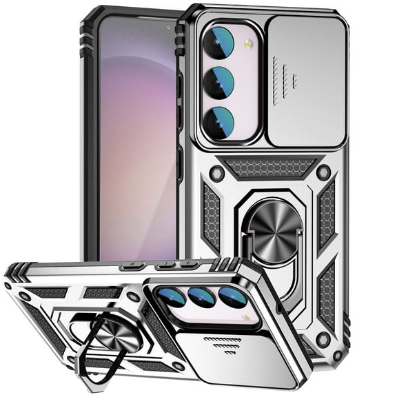 Heavy Duty Armor Case for Samsung Galaxy S24 with Camera Lens Sliding Cover Ring Holder Bracket, Hard PC   TPU Military Grade Shockproof Metal Magnetic Car Mount Shockproof Case, Silver