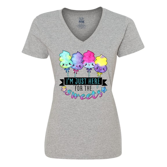 Inktastic I'm Just Here for the Sweets with Spun Sugar Candy Women's V-Neck T-Shirt