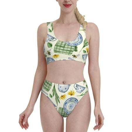 Bixox Vintage Utensils Pattern Two-Piece Sports Bikini with U-Shaped Top and High-Waist Bottom - Women s Swimwear with Removable Bra Pads