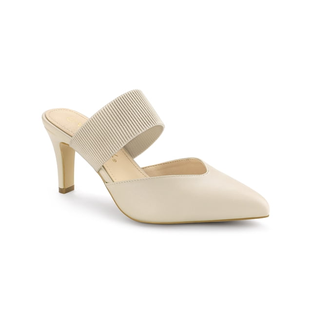 BLISSFUL STEP Women's Pointed Toe Elastic Strap Stiletto Heelsed Mules Beige 6