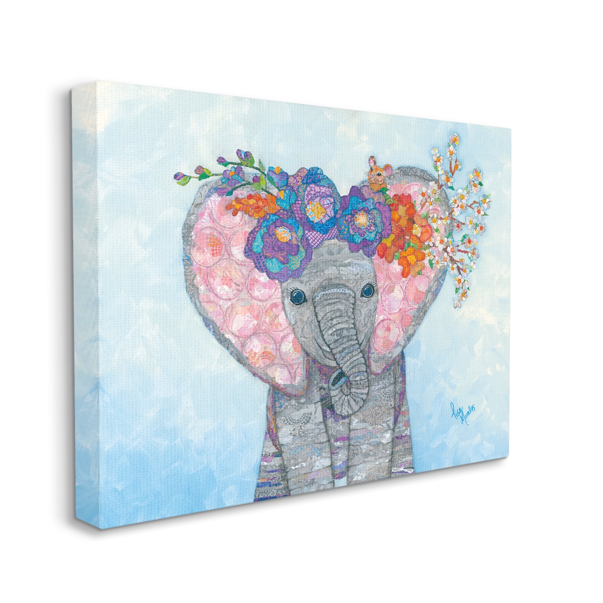 Stupell Industries Baby Elephant & Mouse Decorated Flower Blossoms Collage Painting Gallery Wrapped Canvas Print Wall Art, Design by Lisa Morales
