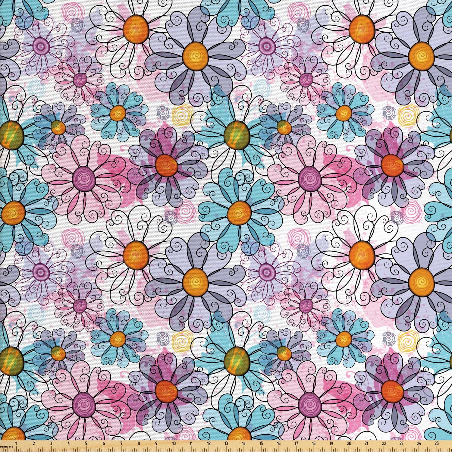 Flower Fabric by The Yard, Retro Spring Floral Pattern Grunge Funky