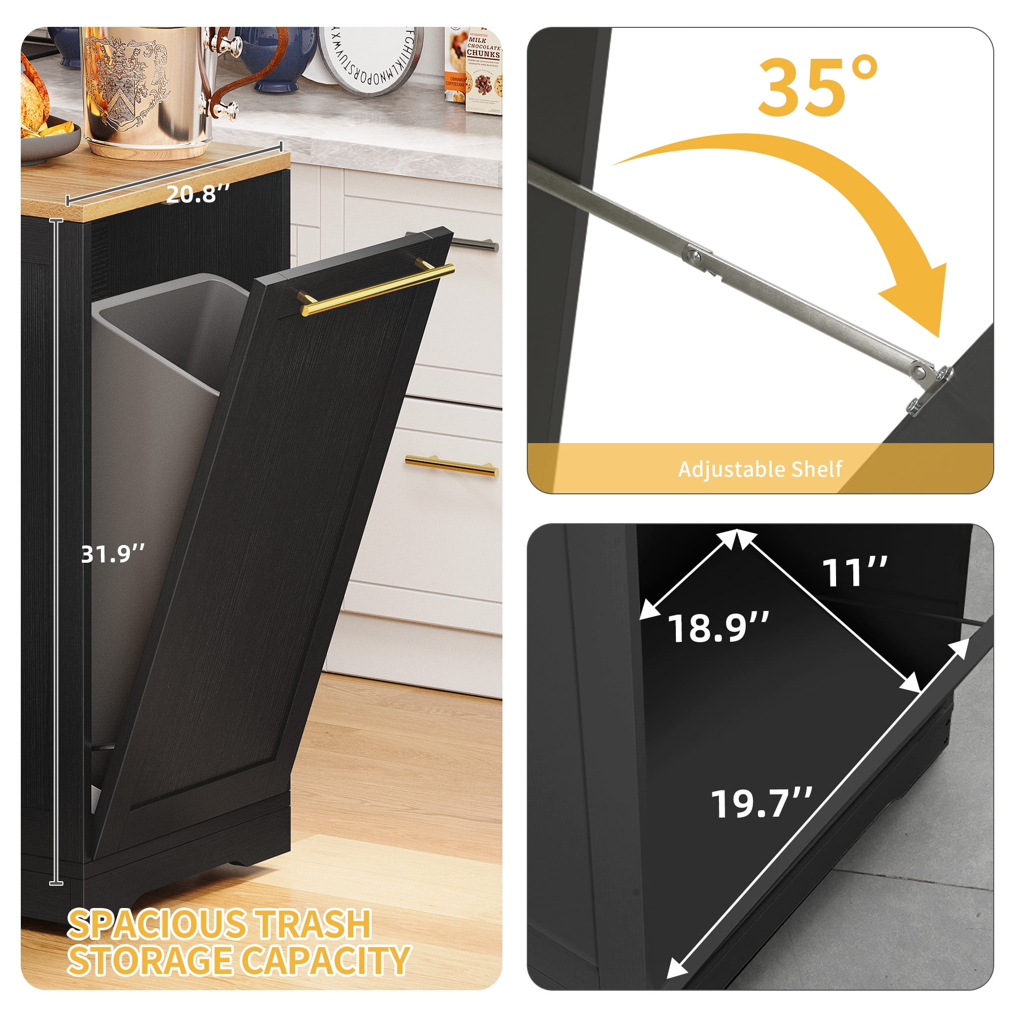 DWVO Kitchen Storage Cart with Trash Can Storage Cabinet, Rolling Kitchen Island with Wheels and Drawers for 13-Gallon Trash Bin, Black