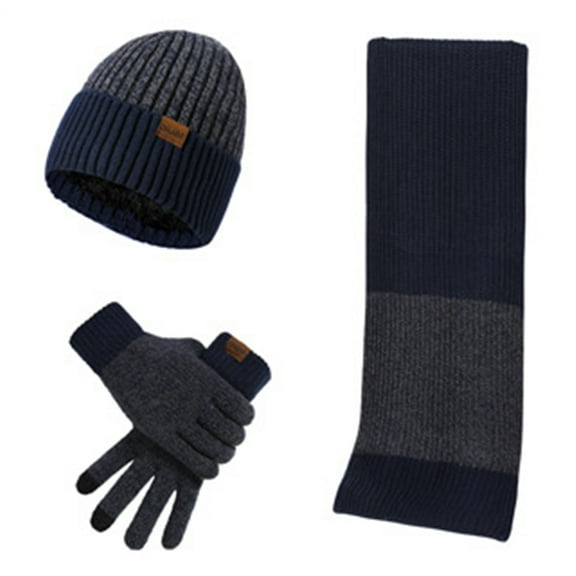 UDIYO 3Pcs/Set Adults Scarf Hat Gloves Contrast Color Thickened Stretchy Thermal Windproof Keep Warm Super Soft Autumn Winter Men Women Woolen Yarn Scarf Hat Gloves Kit for Outdoor