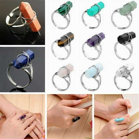 Wire Wrapped Ring Wire - Fashion Hexagon Prism Crystal Gemstone Bead Wire Wrap Finger Ring Adjustable