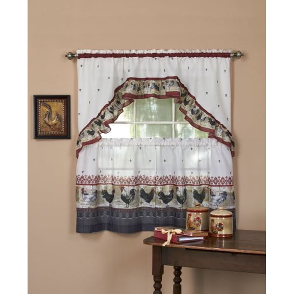 Achim Home Furnishings ROTS36BU12 Rooster Tier and Swag Set, 57" x 36", Burgundy