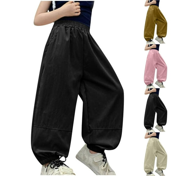Ashirexll Girls Cargo Pants High Waisted Pants Elastic Waist Work Pants With Loose Cuffs Mid Size Pockets for Kids in Summer