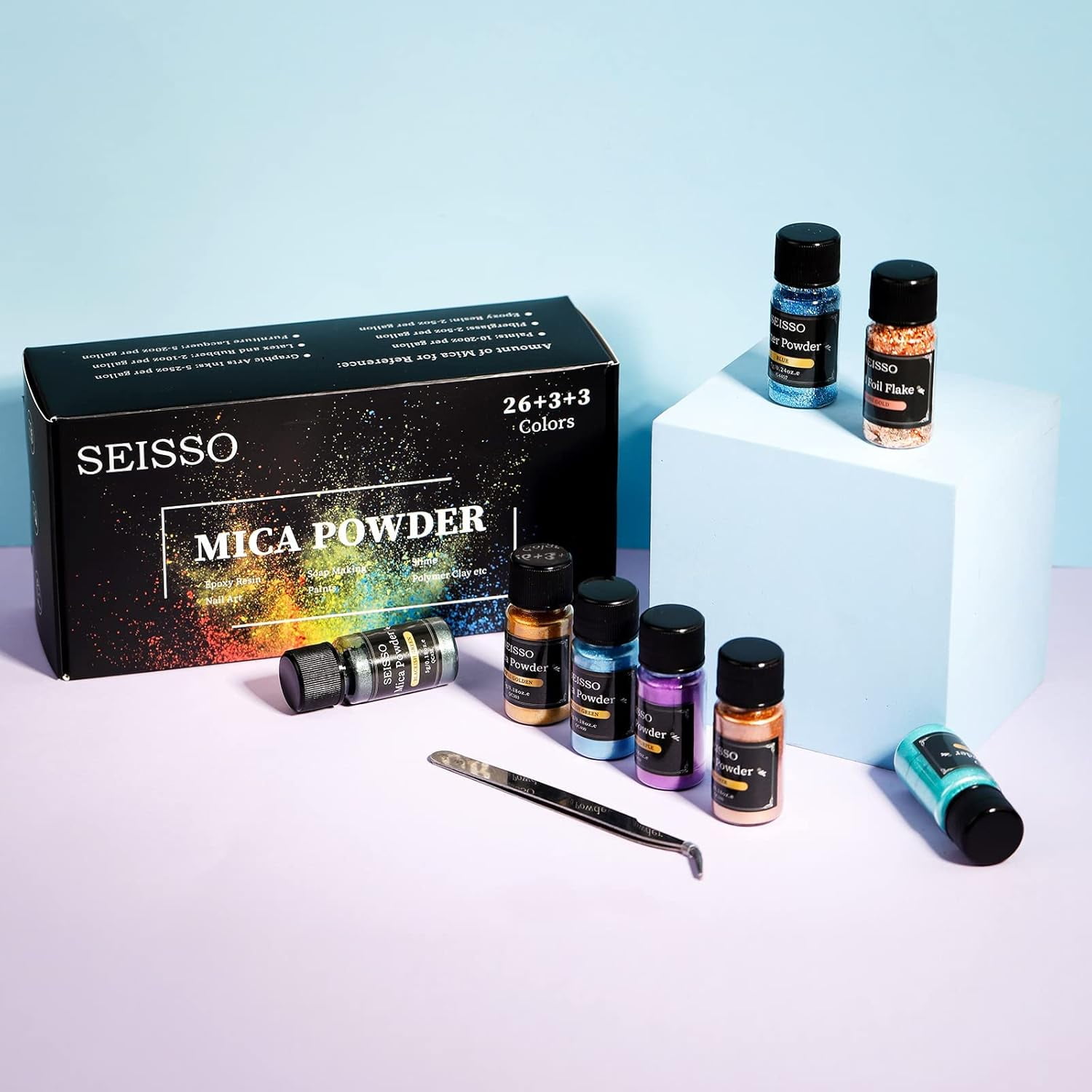 SEISSO Mica Powder-32 Colors Shimmery Mica Pigments in Jars, Natural Resin Epoxy Glitter Powder for Soap Making, Bath Bomb, Lip Gloss, Nail Polish, Slime Set(5g/0.18oz Each Color)