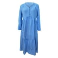 thumbnail image 2 of Sexy Dance Robe Longue pour Femmes, Décor de Boutons, Robes Maxi, Col en V, Plissée, Manches Longues, Bleu Pâle, 3TG, 2 of 5