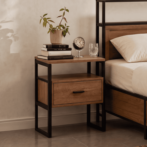 Spruce & Spring Industrial Nightstands Set of 2, End Tables with Metal Frame Base for Bedroom, Walnut